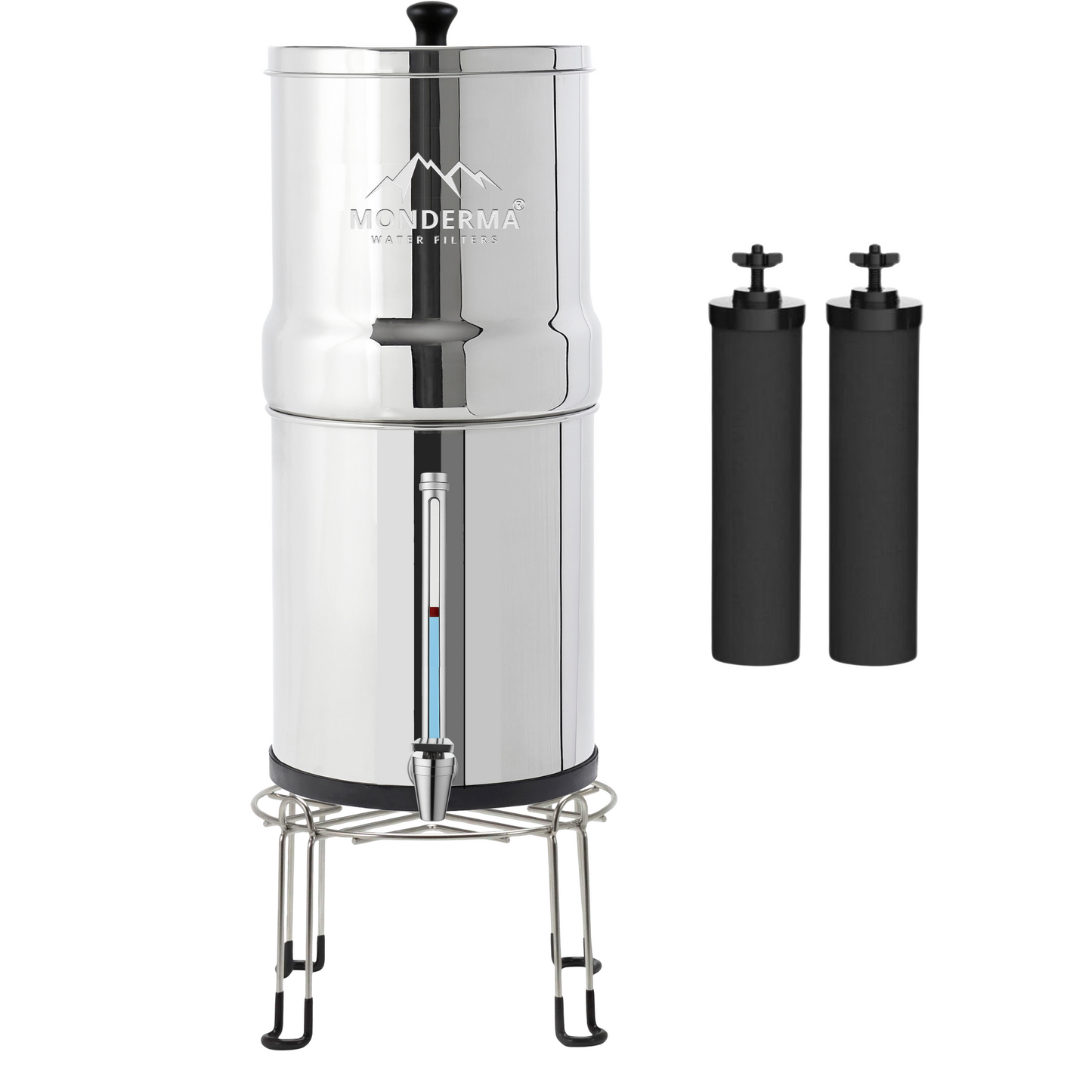 Monderma Big 8.5L - water purifier, includes 2 black filters, stainless steel base, tap with view