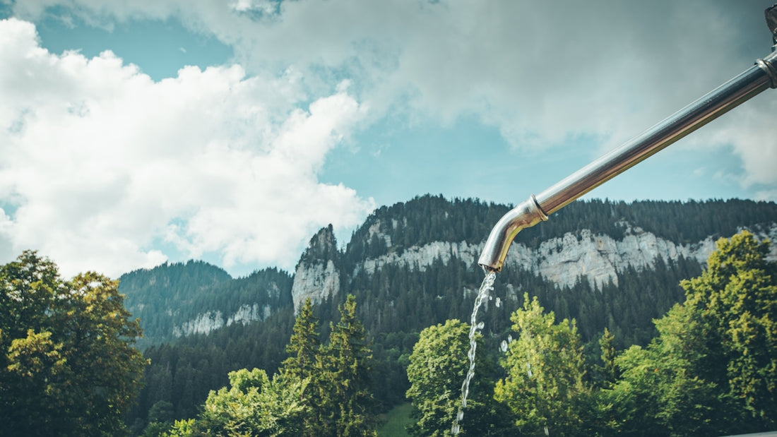 a metal pole with trees and mountains in the background