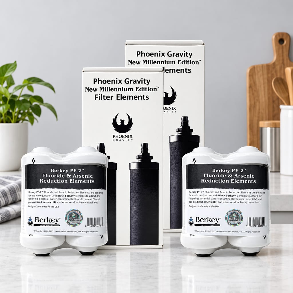 berkey éléments de filtration Lot de 4 filtres authentiques Berkey PF-2 pour réduire le fluorure et l'arsenic + Phoenix Gravity New Millennium Edition Berkey