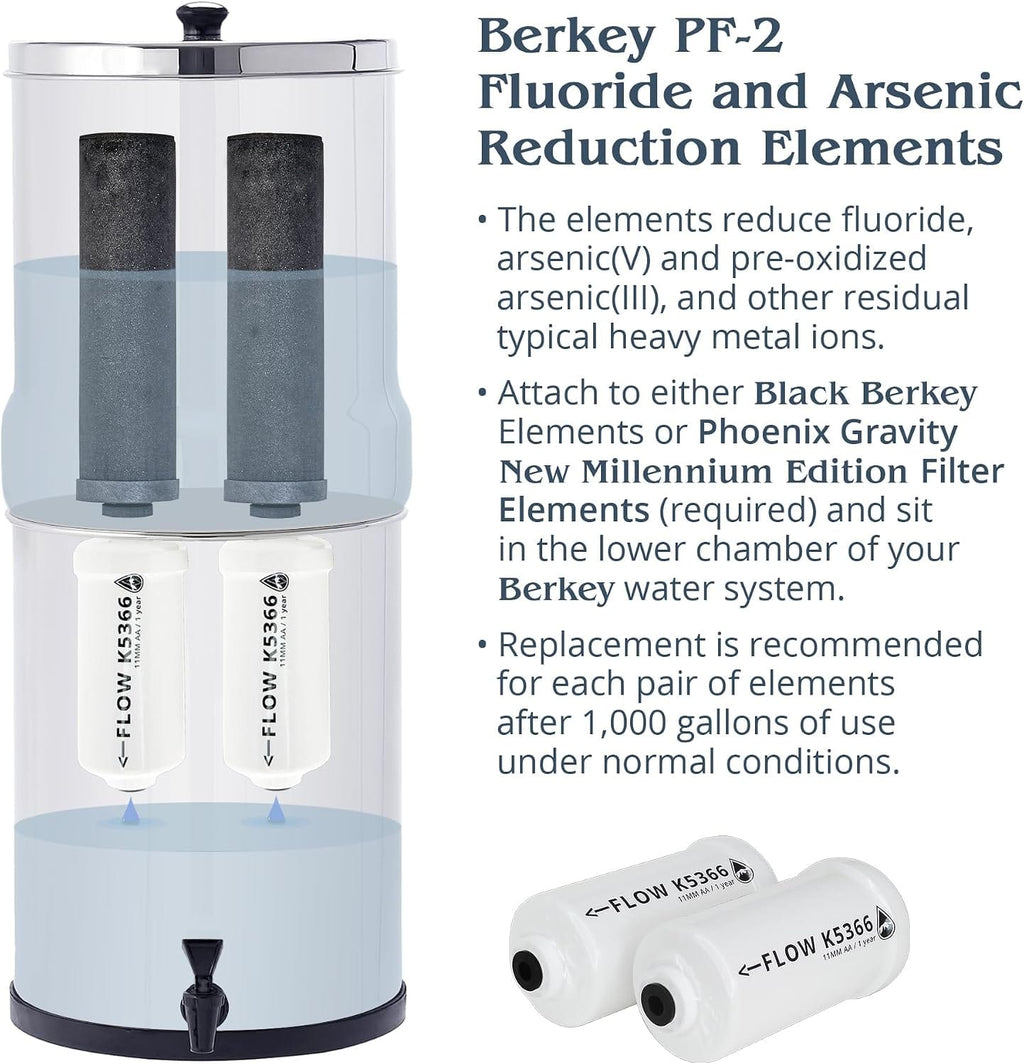 berkey éléments de filtration Lot de 4 filtres authentiques Berkey PF-2 pour réduire le fluorure et l'arsenic + Phoenix Gravity New Millennium Edition Berkey