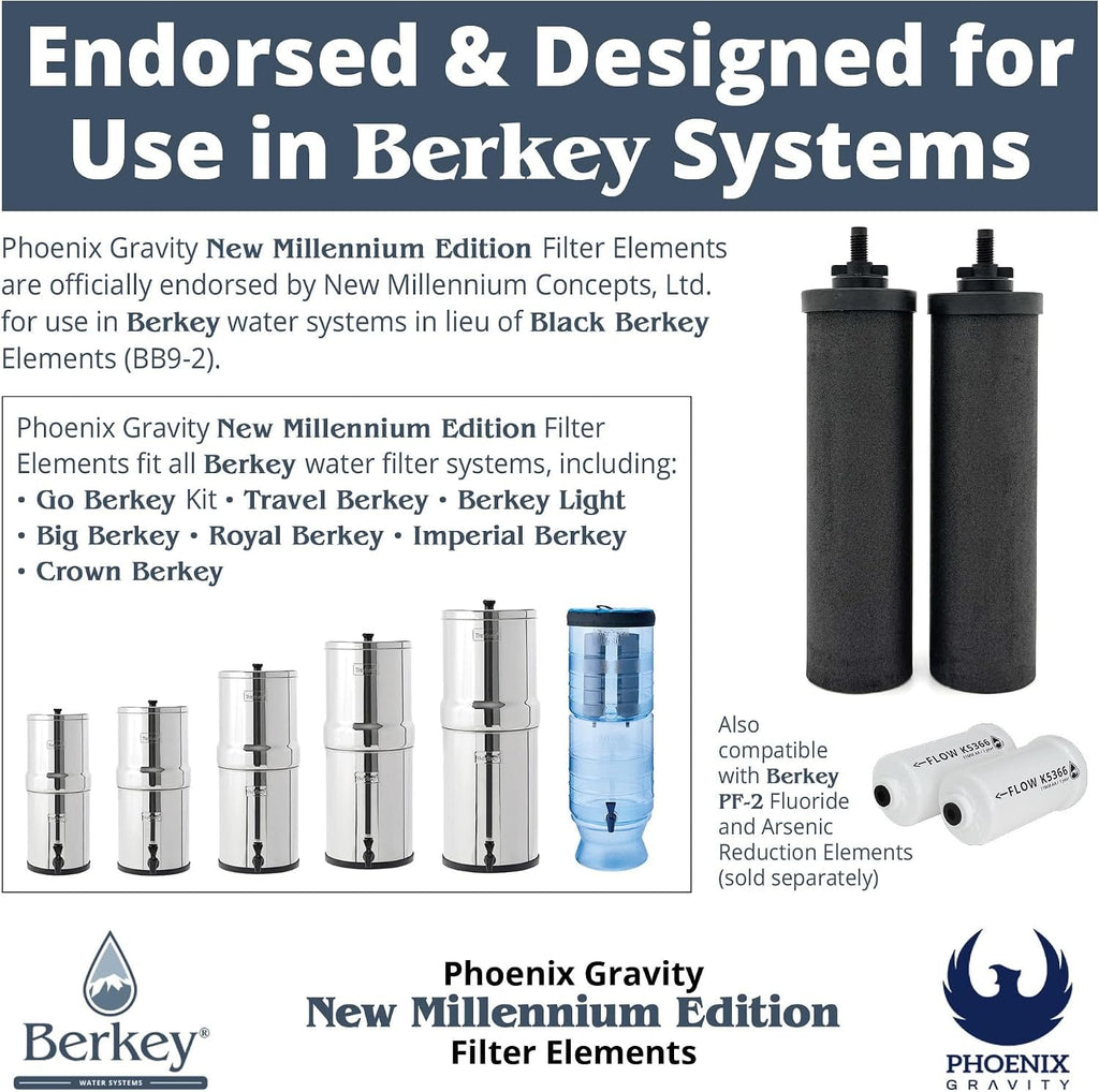 berkey éléments de filtration Lot de 4 filtres authentiques Berkey PF-2 pour réduire le fluorure et l'arsenic + Phoenix Gravity New Millennium Edition Berkey