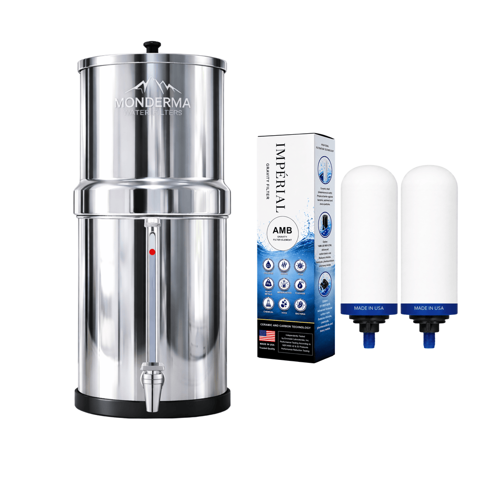 Monderma Fontana con filtro a gravità Monderma Fontaine Travel 5.6L acciaio inossidabile | Vista rubinetto | 2 filtri AMB imperiali | 12 mesi di filtrazione