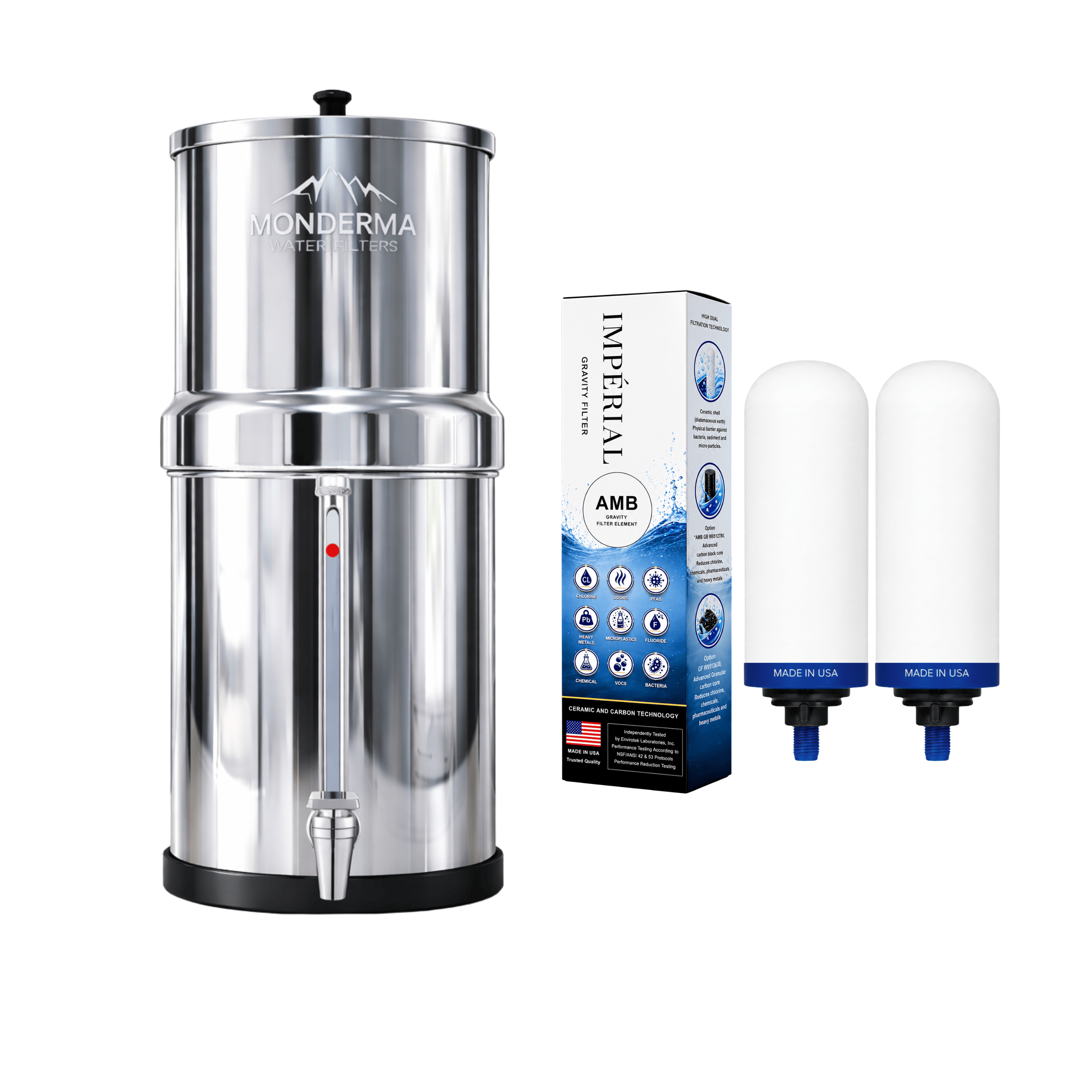 Monderma Fontana con filtro a gravità Monderma Fontaine Travel 5.6L acciaio inossidabile | Vista rubinetto | 2 filtri AMB imperiali | 12 mesi di filtrazione
