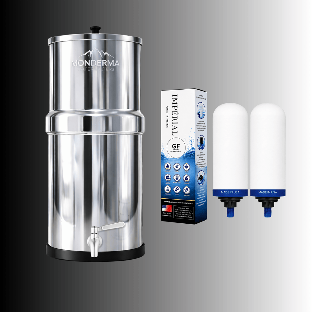Fontana con filtro Monderma Gravity Monderma Fontaine Big 8,5 L in acciaio inossidabile - 2 filtri Imperial GF | 12 mesi di filtrazione