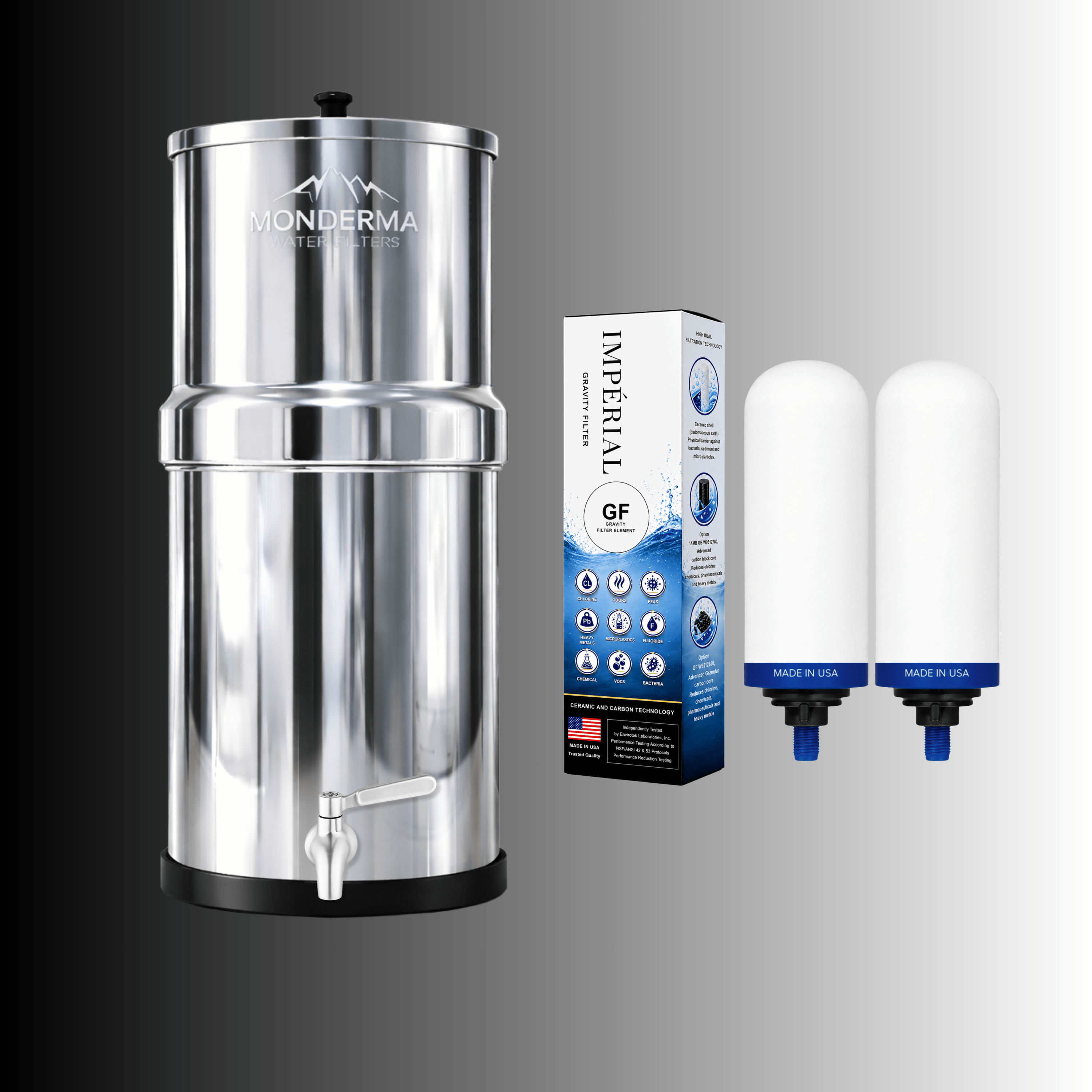 Fontana con filtro Monderma Gravity Monderma Fontaine Big 8,5 L in acciaio inossidabile - 2 filtri Imperial GF | 12 mesi di filtrazione