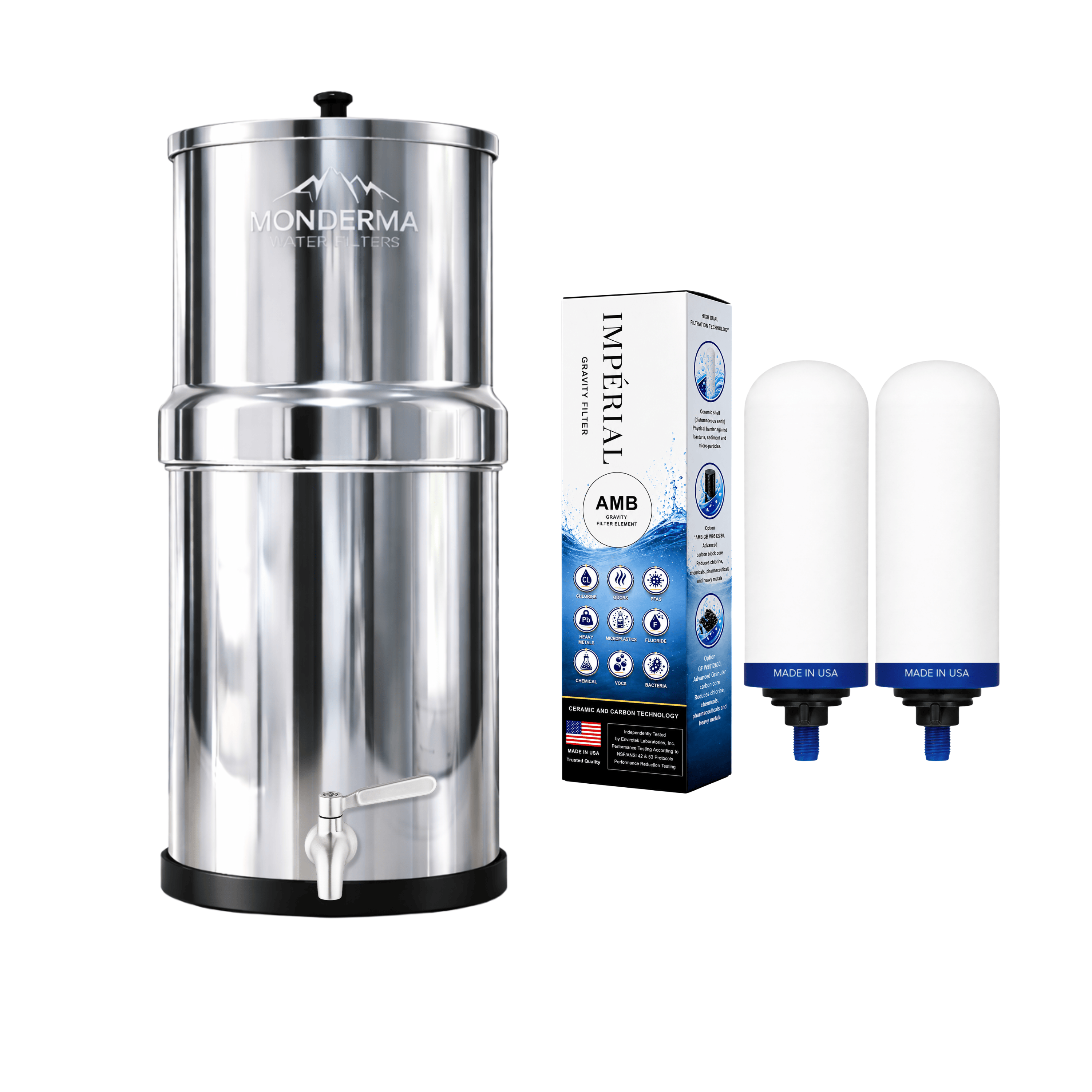 Fontana con filtro Monderma Gravity Monderma Fontaine Big 8,5 L in acciaio inossidabile - 2 filtri Imperial AMB | 12 mesi di filtrazione