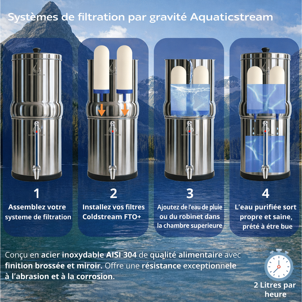 Aquaticstream fontaine à gravité Aquaticstream 8.5L Gravity Filtration système - inclus filtres 2 FTO+, 1 base inox, 1 robinet avec vue
