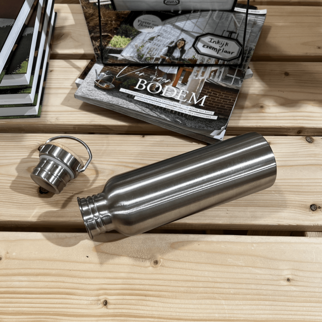 fontaine a gravite gourde inox Bouteille inox 800ml - Bouchon en bambou,  poignée de transport