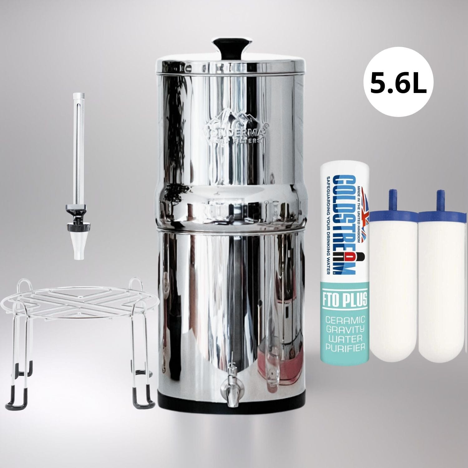 Monderma water filters fontaine à gravité Fontaine à eau Monderma Max voyage 5.6L - inclus 2 filtres FTO+, 1 base inox, 1 robinet avec vue