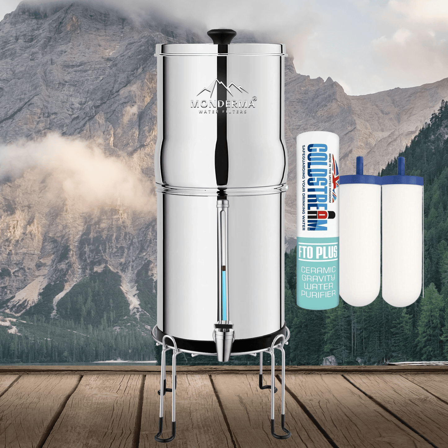 Monderma water filters fontaine à gravité Fontaine Monderma Max Big 8.5L - inclus 2 filtres FTO+, 1 base inox, 1 robinet avec vue