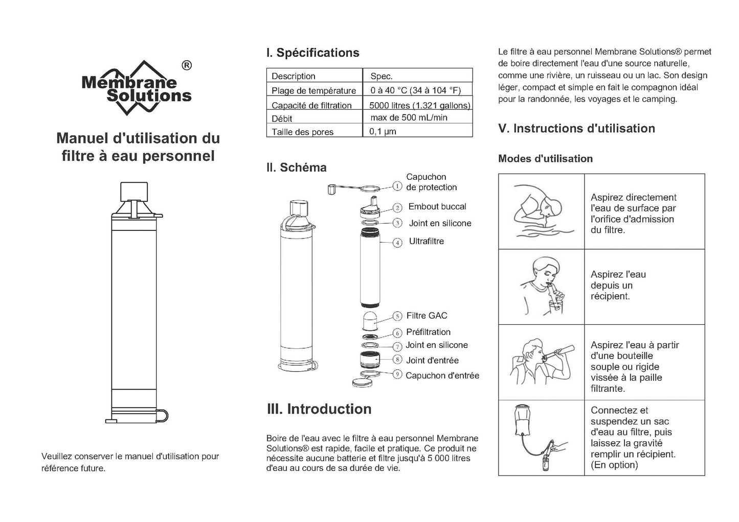 Monderma water filters Paille filtrante eau pure Membrane solutions 4 pailles filtrantes, toute situation, 20000L d'eau pure, débit 500ml par min