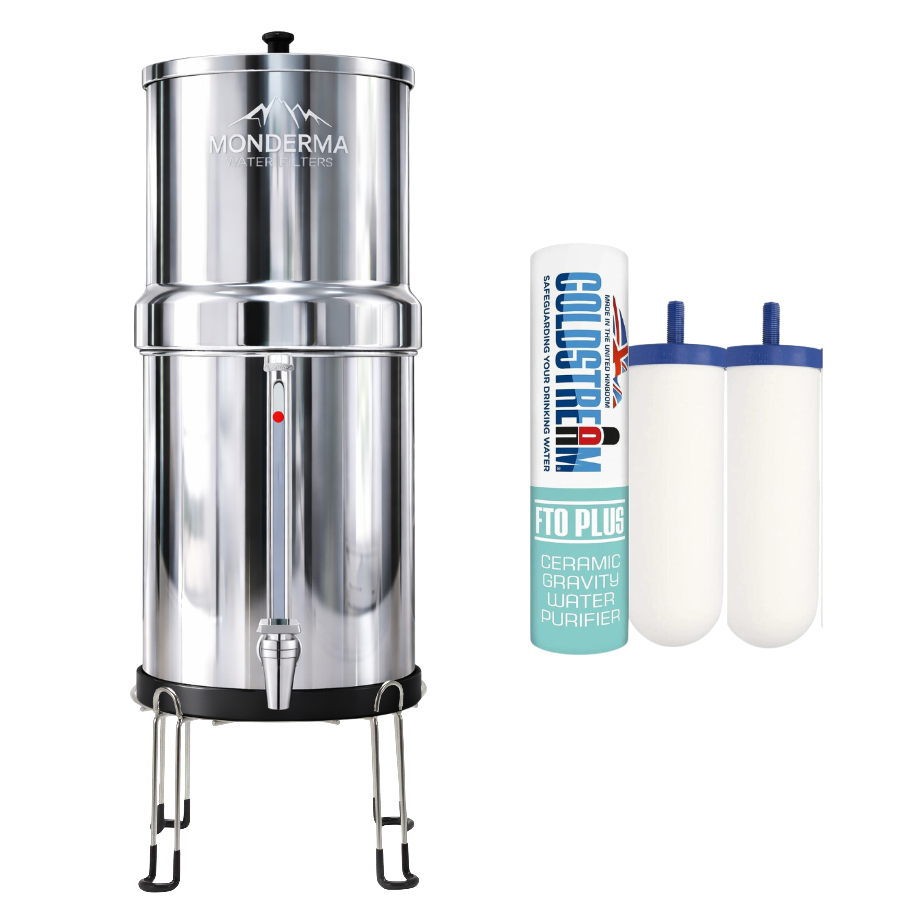 Monderma waterfilters fontaine à gravité Monderma Big 8.5L - purificateur d'eau Coldstream FTO+, 1 base inox, 1 robinet avec vue FBM