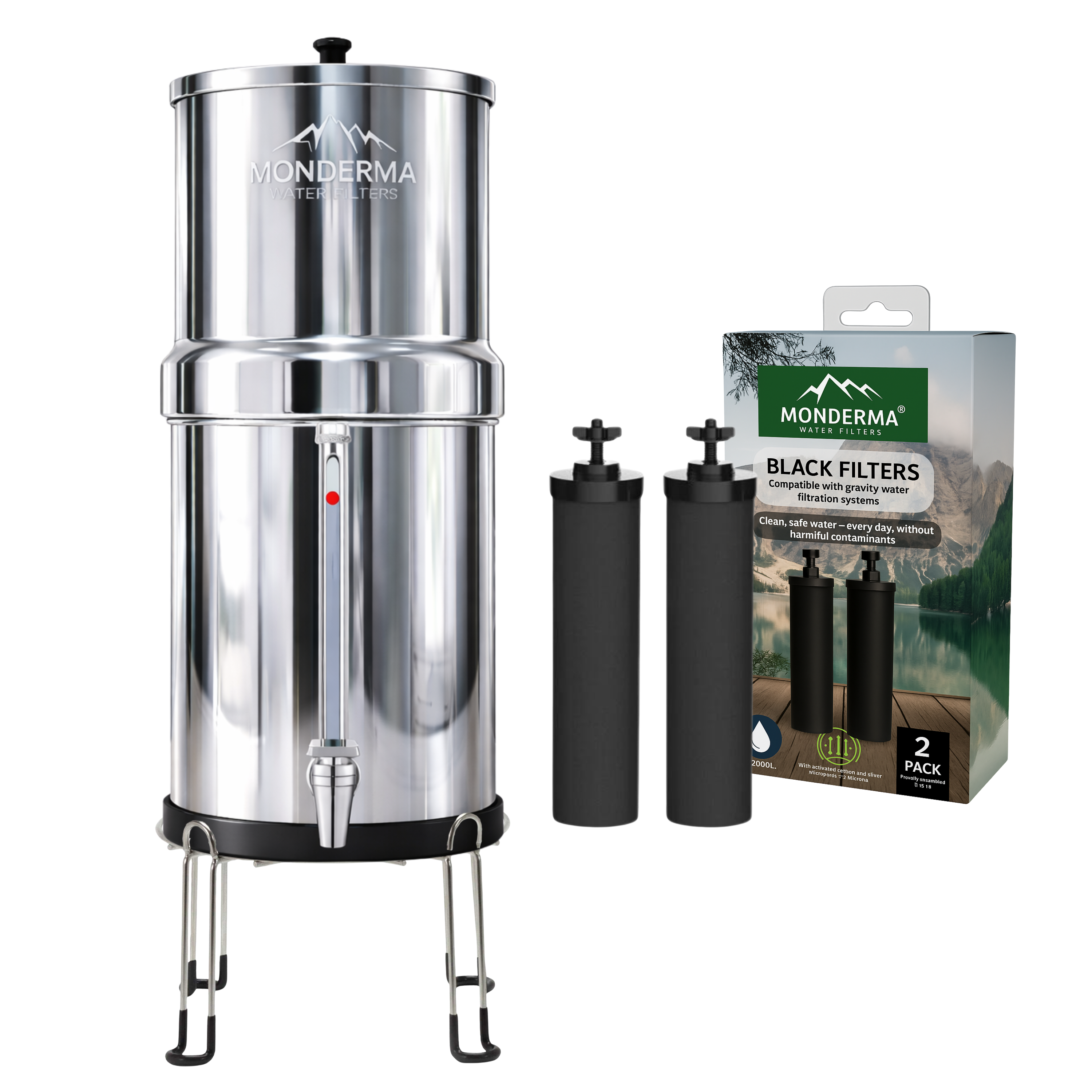 Monderma waterfilters fontaine à gravité Monderma Big 8.5L - purificateur d'eau, inclus 2 filtres black filters, base inox, robinet avec vue