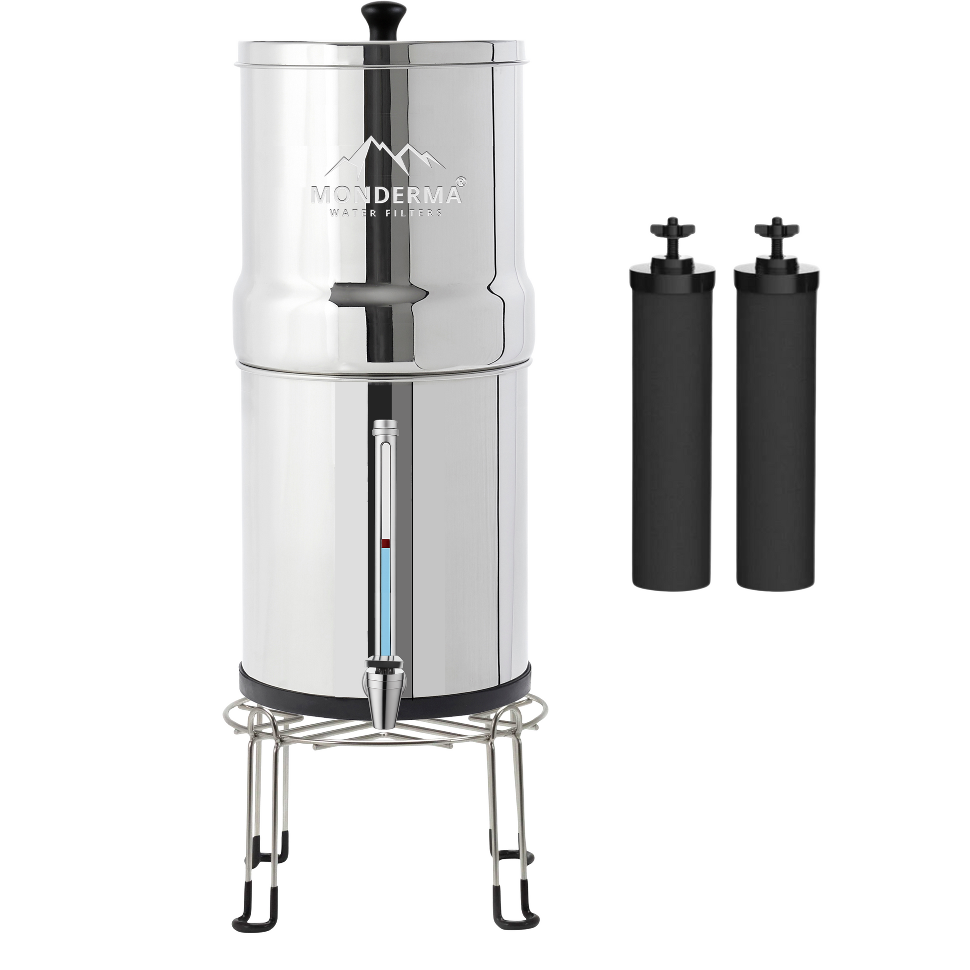 Monderma waterfilters fontaine à gravité Monderma Big 8.5L - purificateur d'eau, inclus 2 filtres black filters, base inox, robinet avec vue