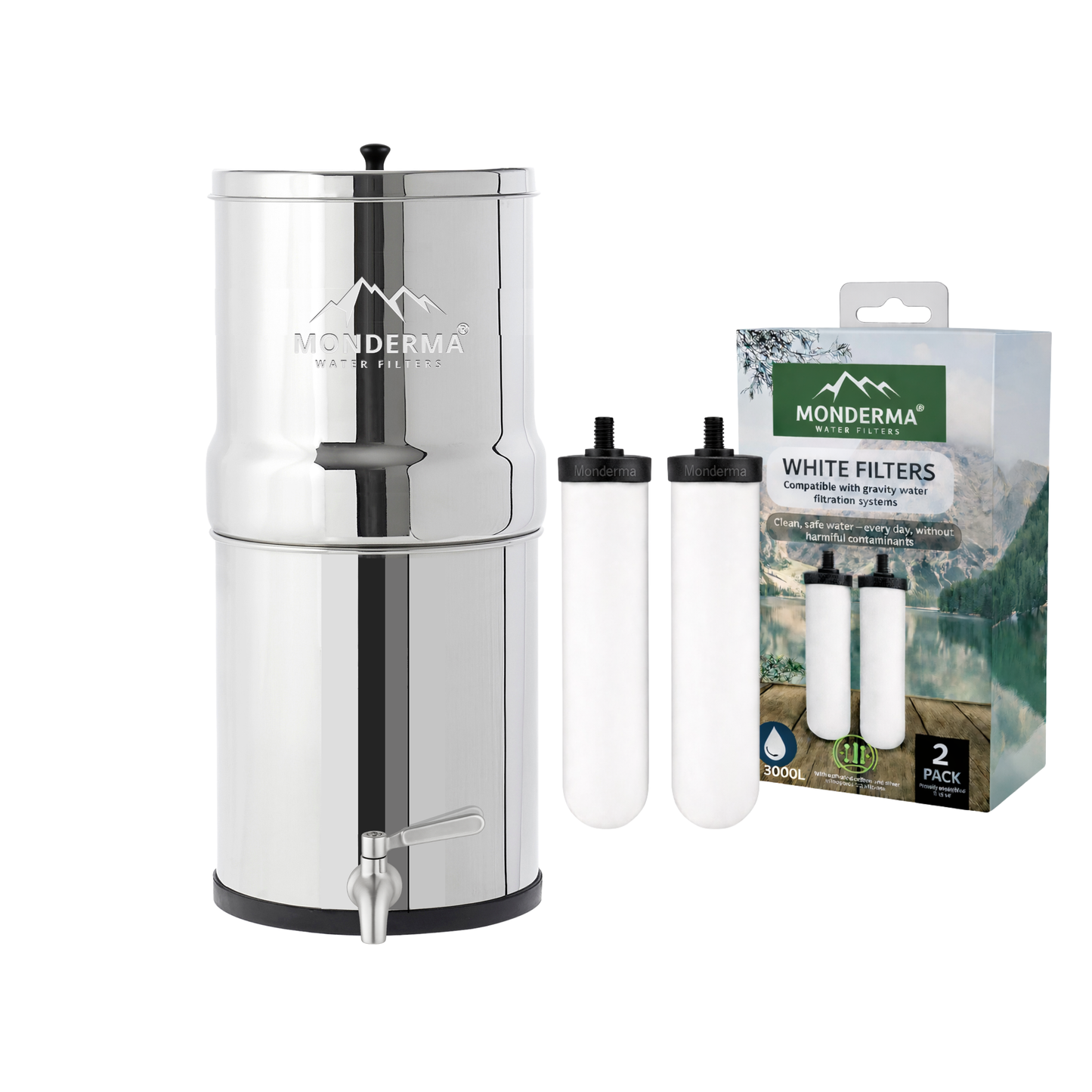 Monderma waterfilters fontaine monderma Monderma Fontaine Big 8.5L inox - 2 white filters - robinet inox - 6 mois de filtration