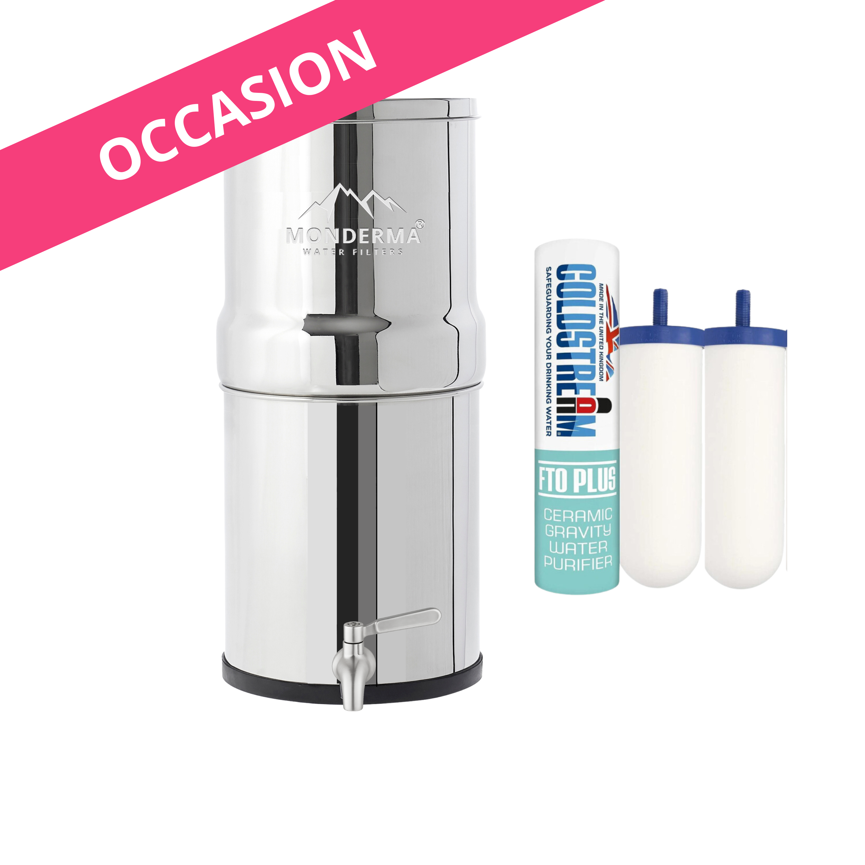 Monderma waterfilters fontaine monderma OCCASION | Monderma Big 8.5L - 2 filtres neufs Coldstream FTO+, inclus robinet inox