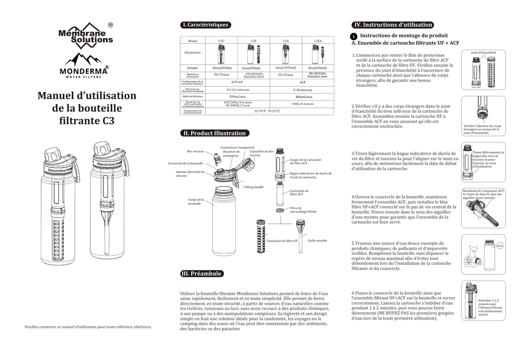 Monderma waterfilters Gourde filtrante Membrane solutions, Gourde filtrante randonnée & voyage – 1L – Filtres longue durée code FBM