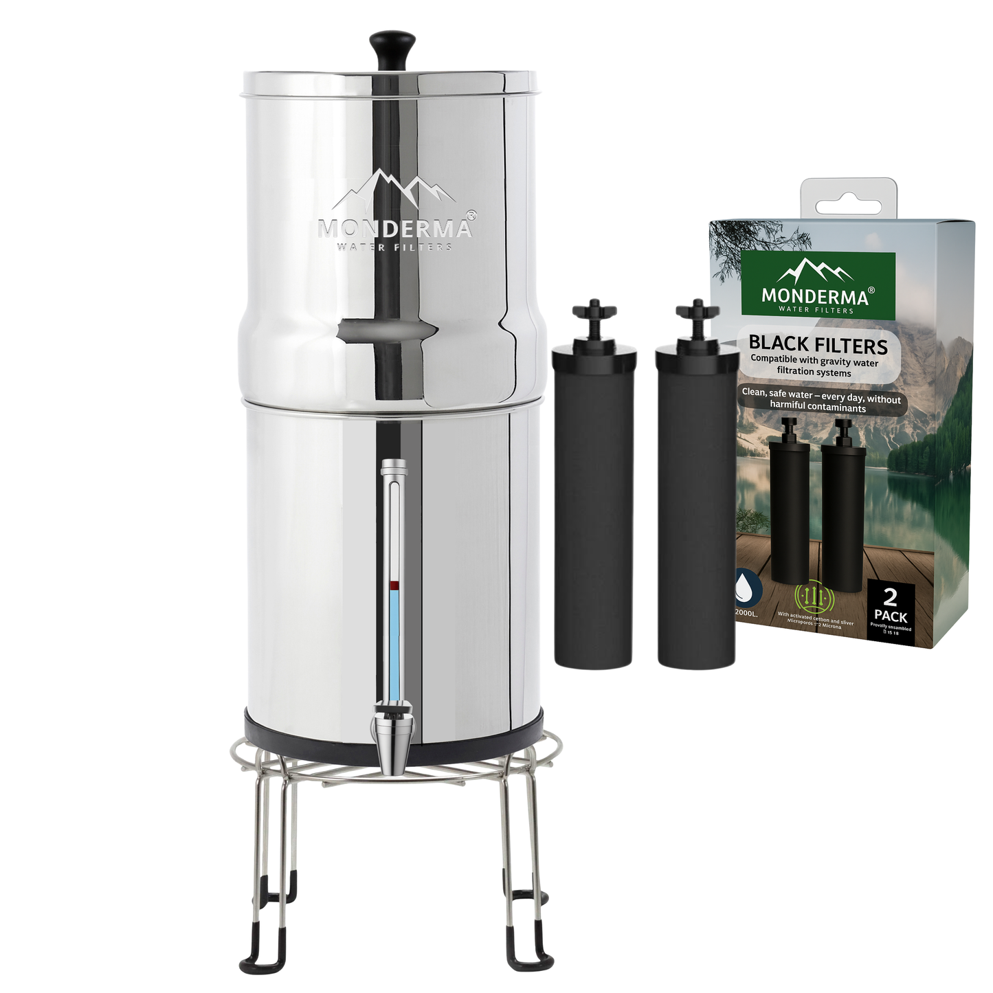 Monderma Travel 5.6 liters - water purifier, includes 2 Black filters, stainless steel base, tap with view